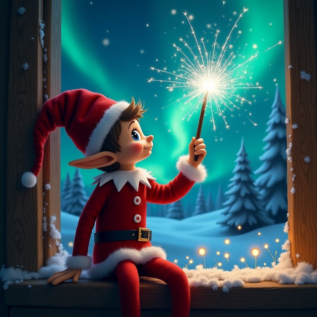 A traditional elf on the shelf dressed in red sits by a window at the North Pole. The elf gazes upwards in awe at the beautiful northern lights in the night sky. In one hand, the elf holds a magic wand that is casting sparkles, writing the name 'Payton' in the air. The scene is filled with snow-covered trees outside, reflecting the magical atmosphere. The cabin is cozy and warm, evoking festive feelings and holiday cheer.