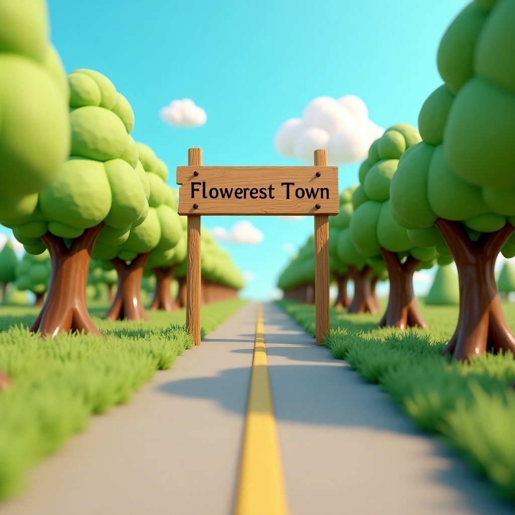 The image shows a cheerful 3D landscape with a road leading to a welcoming wooden sign that says 'Flowerest Town.' On either side of the road, there are vibrant green trees that create a lush environment. The road features realistic yellow lines that add detail, guiding the viewer's eye towards the sign. Above, the sky is a bright blue adorned with fluffy clouds, enhancing the overall sunny vibe. This enchanting setting invites exploration, suggesting adventure ahead.