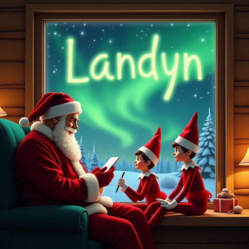 This image features a delightful Christmas scene set in a cozy cabin. Santa Claus is seated beside two cheerful elves, all engaged in writing notes together. The window showcases a stunning display of northern lights lighting up the night sky. The atmosphere is warm and inviting, encapsulating the joyful spirit of the holiday season. Above them, the name 'Landyn' shines brightly in green letters, adding a personal touch to this festive gathering. This scene embodies the excitement of preparing for Christmas and the magic of togetherness during the holidays.