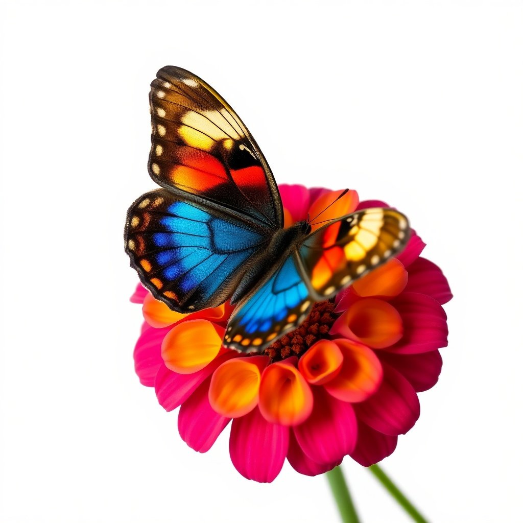 A colorful butterfly perched on a vibrant pink flower with bright lighting.