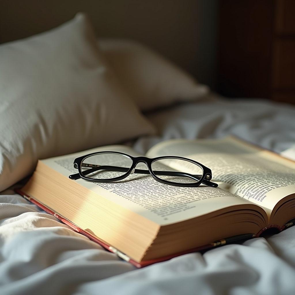 The image depicts a cozy scene of quiet relaxation. Laid out on a bed with unmade, crumpled white sheets, there's an open book with black-rimmed eyeglasses resting on its pages, suggesting a moment of paused reading. Soft, natural light gently illuminates the scene, creating a warm and inviting atmosphere. The pillows in the background enhance the feeling of comfort and tranquility.