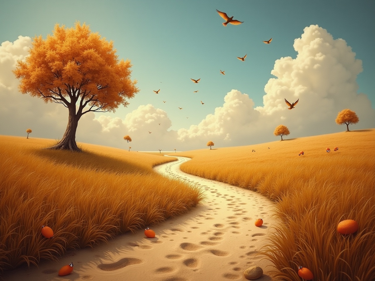 The image features a winding path adorned with bread crumbs, leading through a vast field. The surrounding landscape is bathed in warm golden tones, characteristic of autumn. Birds are scattered throughout the scene, soaring gracefully against a backdrop of soft clouds. The path is visible as it curls through the golden grasses, inviting viewers to imagine walking through this serene environment. A few scattered oranges can be seen along the way, adding a pop of color to the landscape.