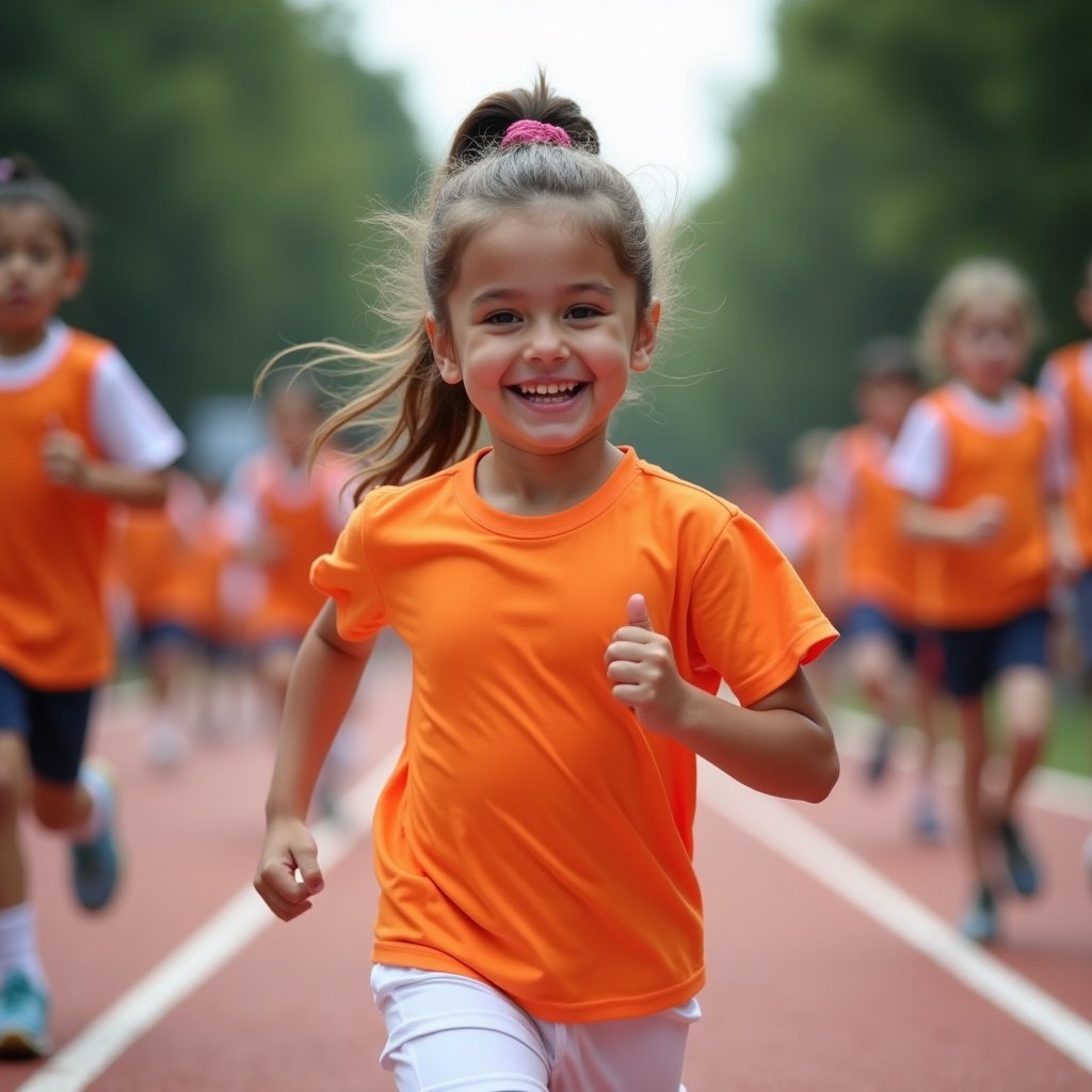 A small girl enthusiastically runs towards the finish line during a sports day event. She is wearing a bright orange tee-shirt and white shorts, radiating joy and energy. The backdrop shows other children participating in the same event, all dressed in similar attire. The scene captures the spirit of competition and fun among young athletes. Natural daylight enhances the cheerful atmosphere of this active moment.