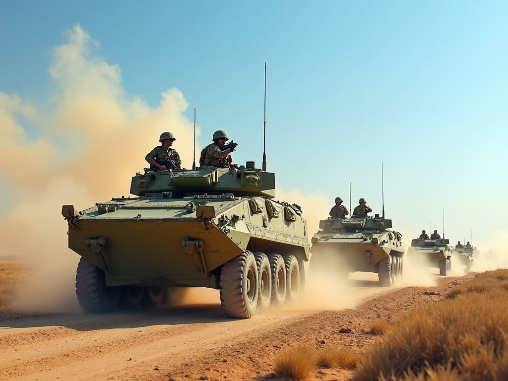 The image showcases a convoy of armored military vehicles moving through a dusty desert terrain. Soldiers are strategically positioned on the vehicles, ready for action. Bright sunlight emphasizes the scene, creating a stark contrast with the dusty backdrop. The convoy represents the Pakistan army in a tactical formation, demonstrating readiness and strength. Dust trails behind the vehicles enhance the sense of movement and urgency in this military operation.