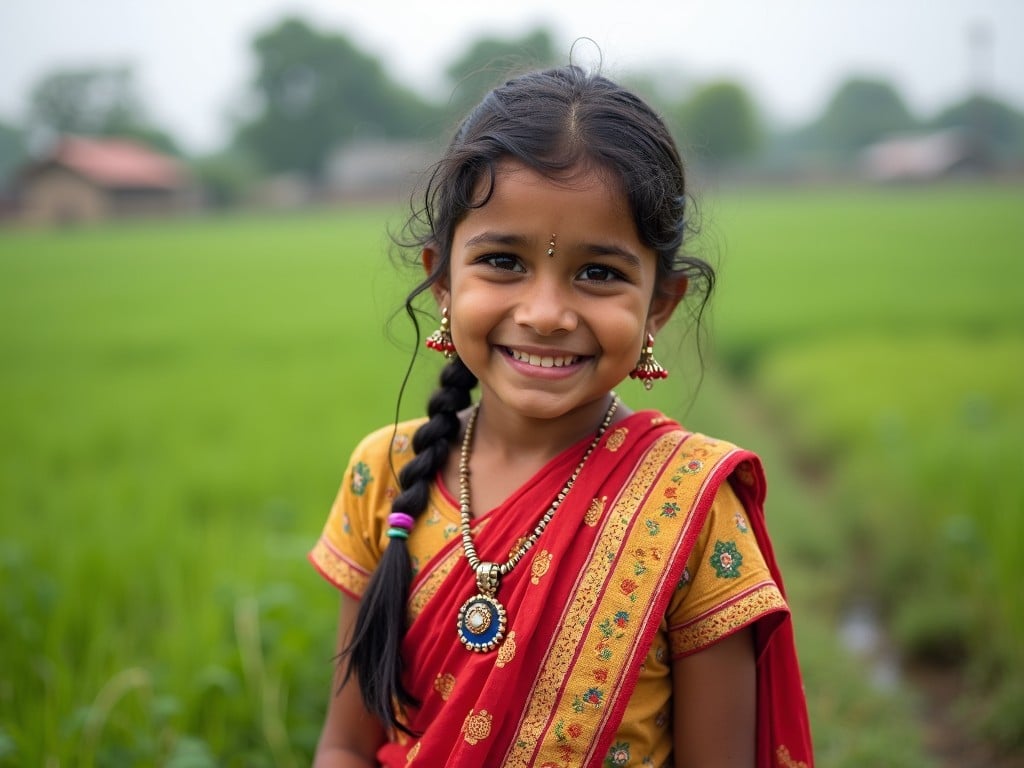 A young girl with a bright smile stands in a vibrant green field, embodying joy and innocence. She wears traditional attire with a red and yellow sari adorned with intricate patterns and matching jewelry. The background is softly blurred, highlighting the lush greenery and rural setting, creating a serene and heartwarming scene.