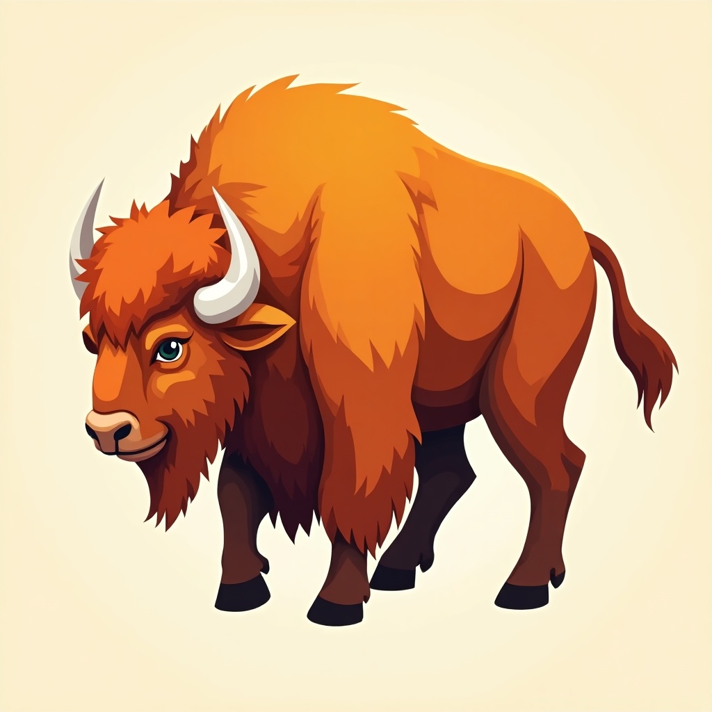 This illustration features a stylized orange bison, designed with a focus on a political logo aesthetic. The bison is characterized by its fluffy orange fur and strong frame, exuding a sense of strength. It stands confidently, with a slight turn to one side, showcasing its horns and expressive eyes. The background is a simple beige tone, allowing the bison to stand out prominently. This image can be used for various political campaigns or branding efforts, appealing to a broad audience interested in nature-themed designs. The overall style is vibrant and cartoonish, blending friendliness with a powerful representation.