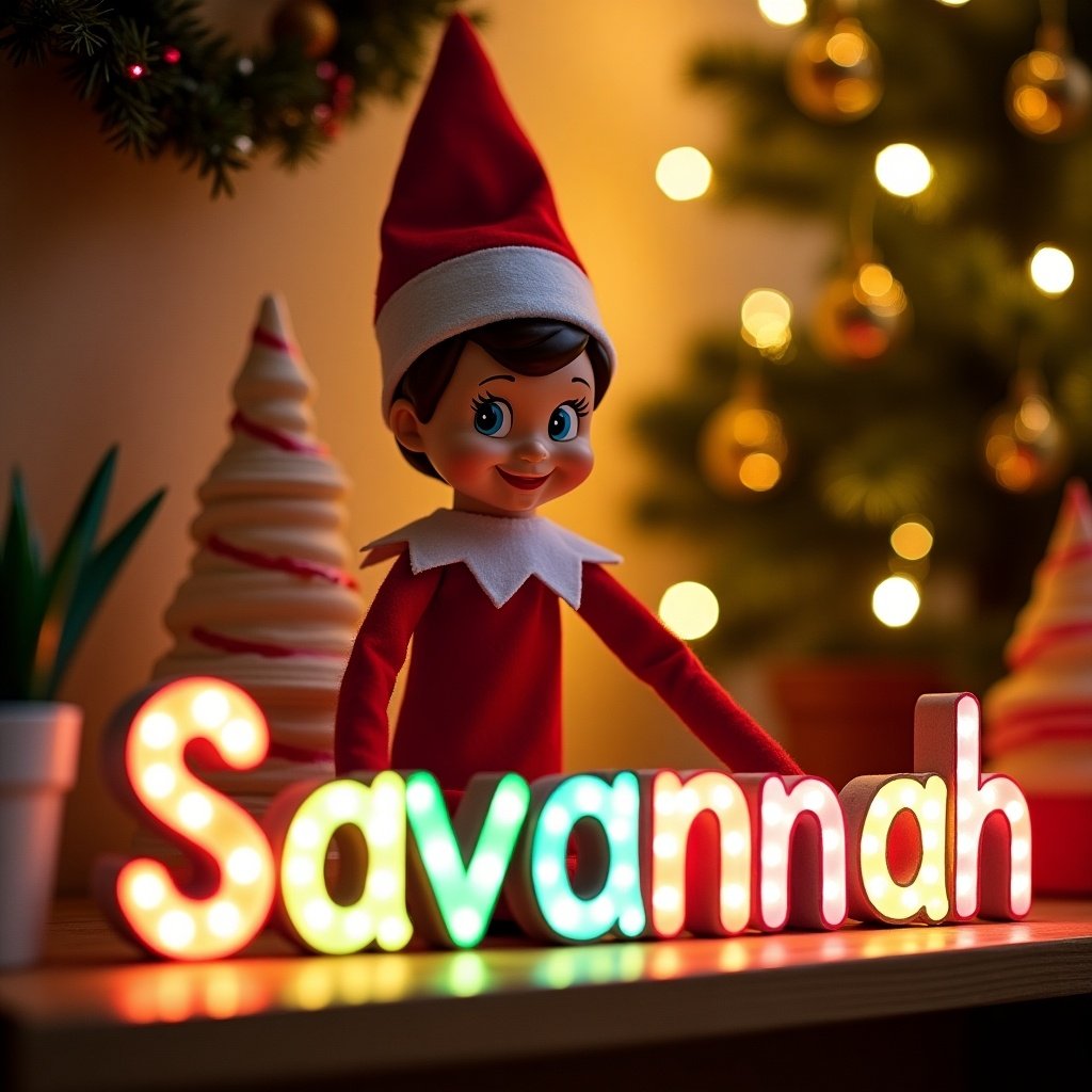 A cheerful elf on the shelf is depicted in a vibrant Christmas setting, wearing a classic red and white outfit. The elf joyfully interacts with a colorful illuminated name, 'Savannah.' Surrounding the elf, festive decorations like a beautifully adorned tree and twinkling lights create a magical ambiance. The background radiates warmth, inviting viewers into a cozy holiday atmosphere. This enchanting scene encapsulates the joy of the Christmas spirit, making it ideal for family gatherings and personalized gifts.