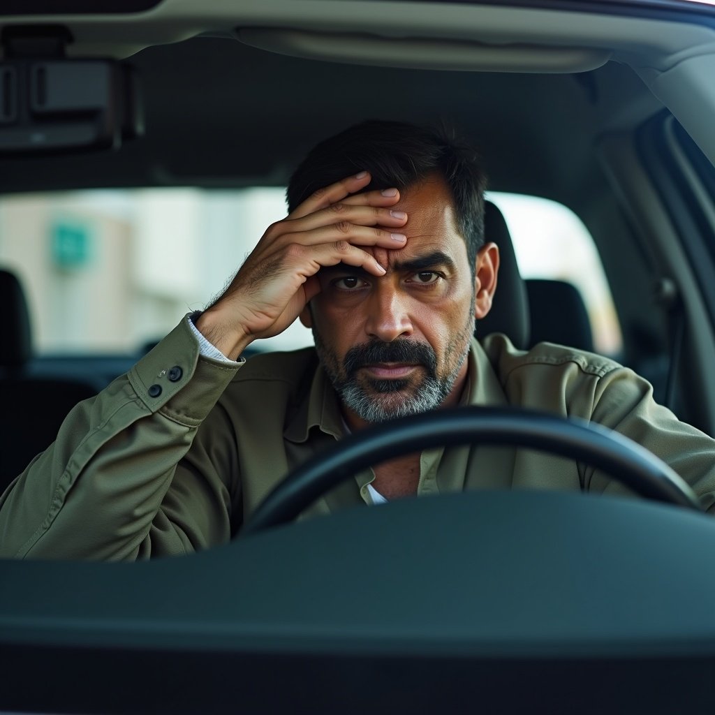 A middle-aged man sitting in a car with a worried expression, hand on forehead, urban background, focused on the driver's seat view.