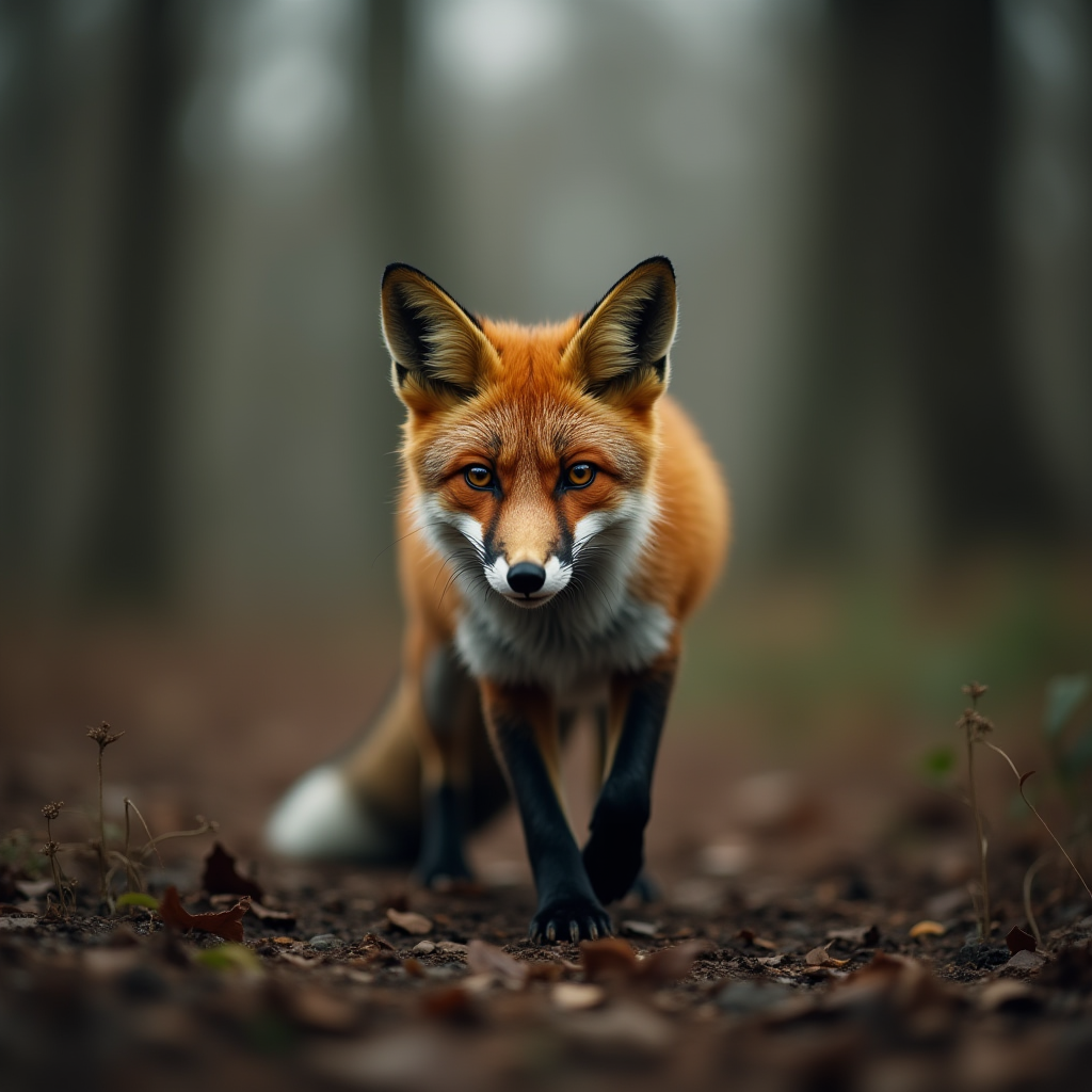 A red fox prowling through a foggy forest with attentive eyes.