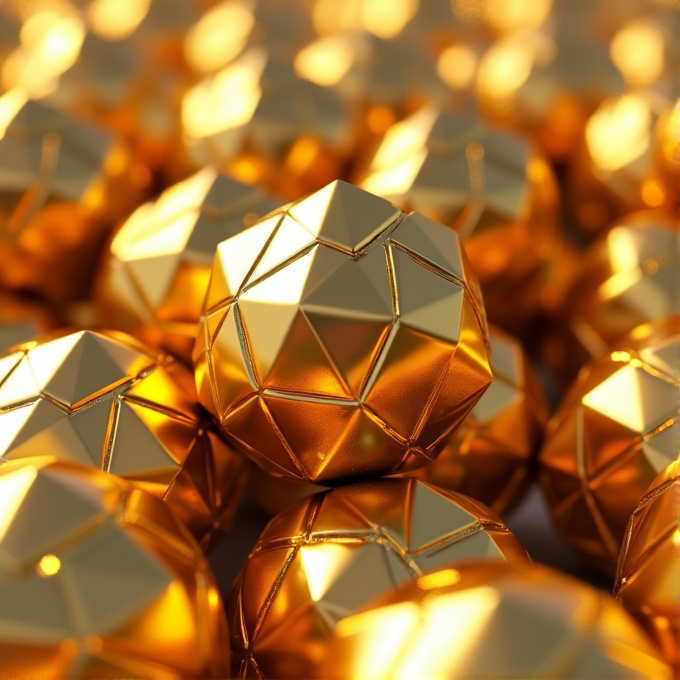 The image shows several golden, shiny geometric spheres with a polygonal surface pattern.