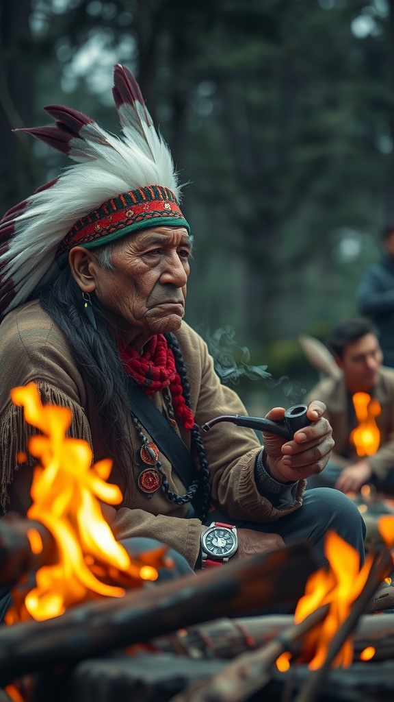 An elderly man with a feathered headdress sits by a fire, holding a pipe, in a forest setting.