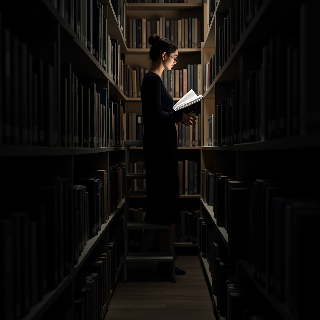 A woman reads a book under warm light in a dark, quiet library aisle.