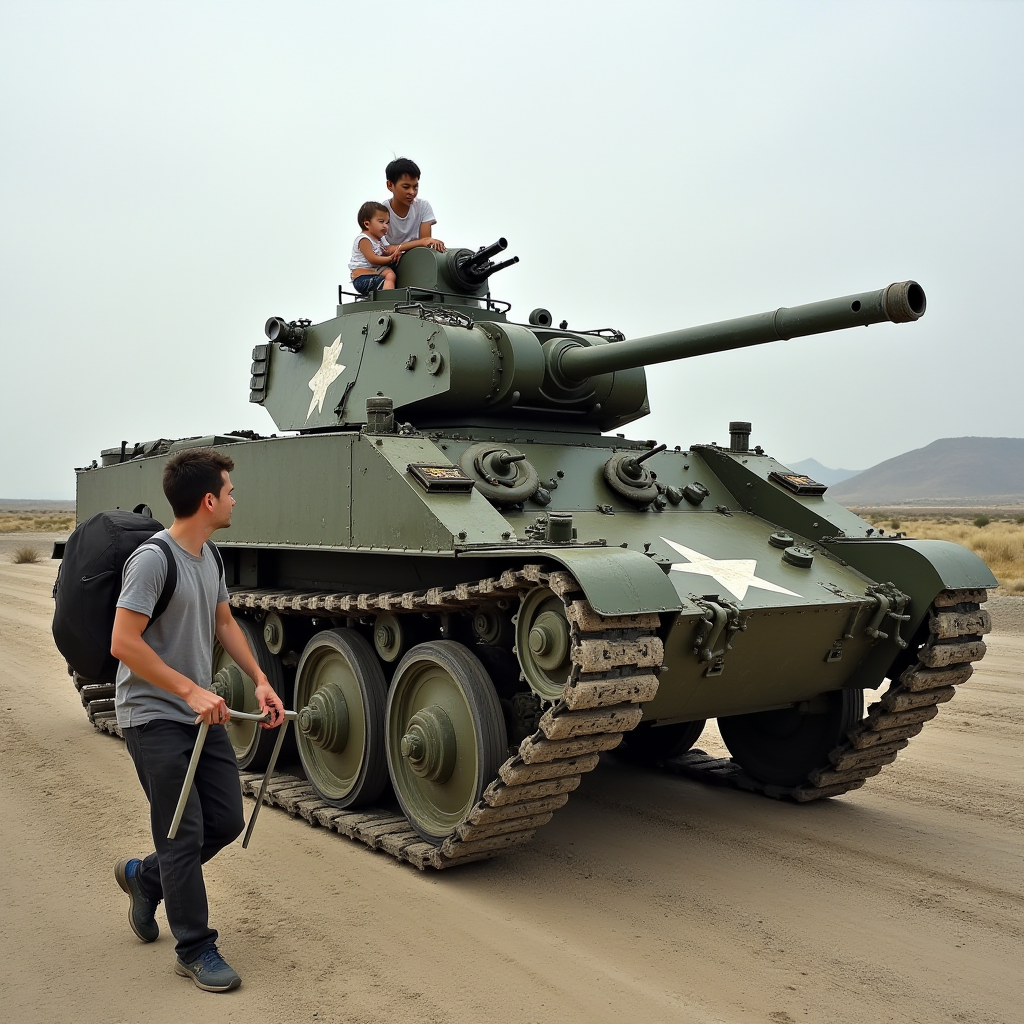 The image depicts a family scene with three people interacting around a historical military tank in a desert setting. Two children, appearing playful and adventurous, are sitting atop the tank, which is painted in military green with white stars. A man, presumably an adult family member, is standing beside the tank with a large backpack and what seems to be walking sticks. The background showcases a barren landscape typical of a desert, with distant hills under an overcast sky.