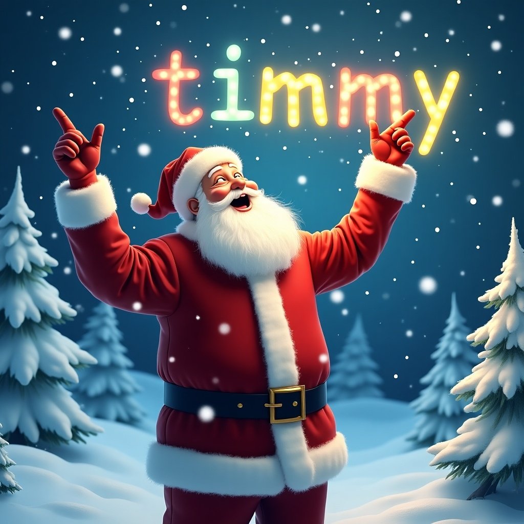 The image depicts a joyful Santa Claus standing in a winter wonderland. He is dressed in his traditional red suit with white trim and a matching hat. Santa is pointing upward as if he is magically writing a name in the sky. Snowflakes gently fall around him, adding to the festive atmosphere. In the sky, glowing letters spell the name 'timmy', enhancing the magical scene. The background features beautifully snowy trees, creating a perfect Christmas backdrop.