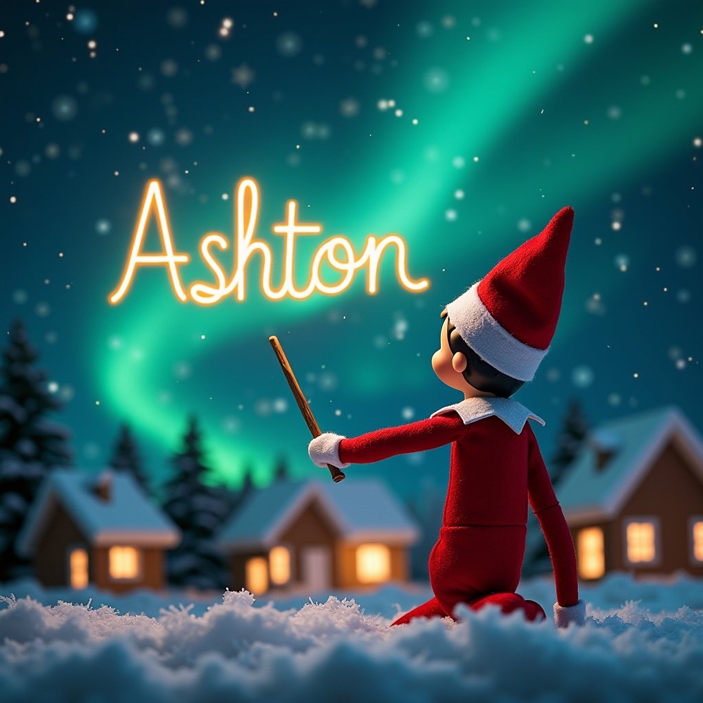 The image features an Elf on the Shelf character, positioned with its back to the viewer, gazing up at the night sky. It holds a magic wand and is elegantly writing the name 'Ashton' in the air. The background is filled with a magical winter scene, illuminated by vibrant northern lights. A few cozy houses can be seen in the snowy landscape, giving a warm, festive feel. The overall atmosphere is enchanting and captures the spirit of Christmas.