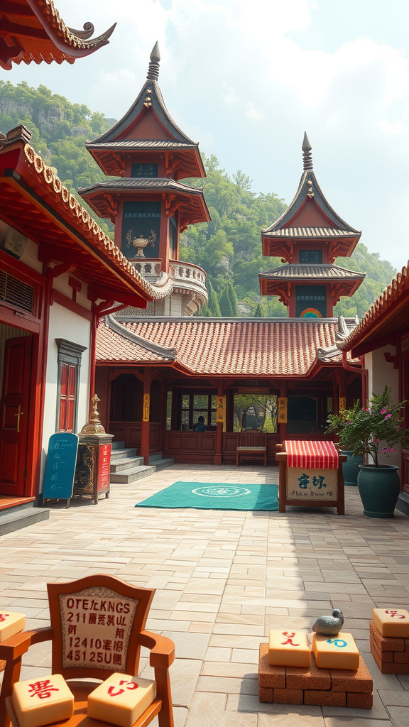 A serene courtyard with traditional East Asian architecture, featuring vibrant red pagoda-like structures and decorative elements.