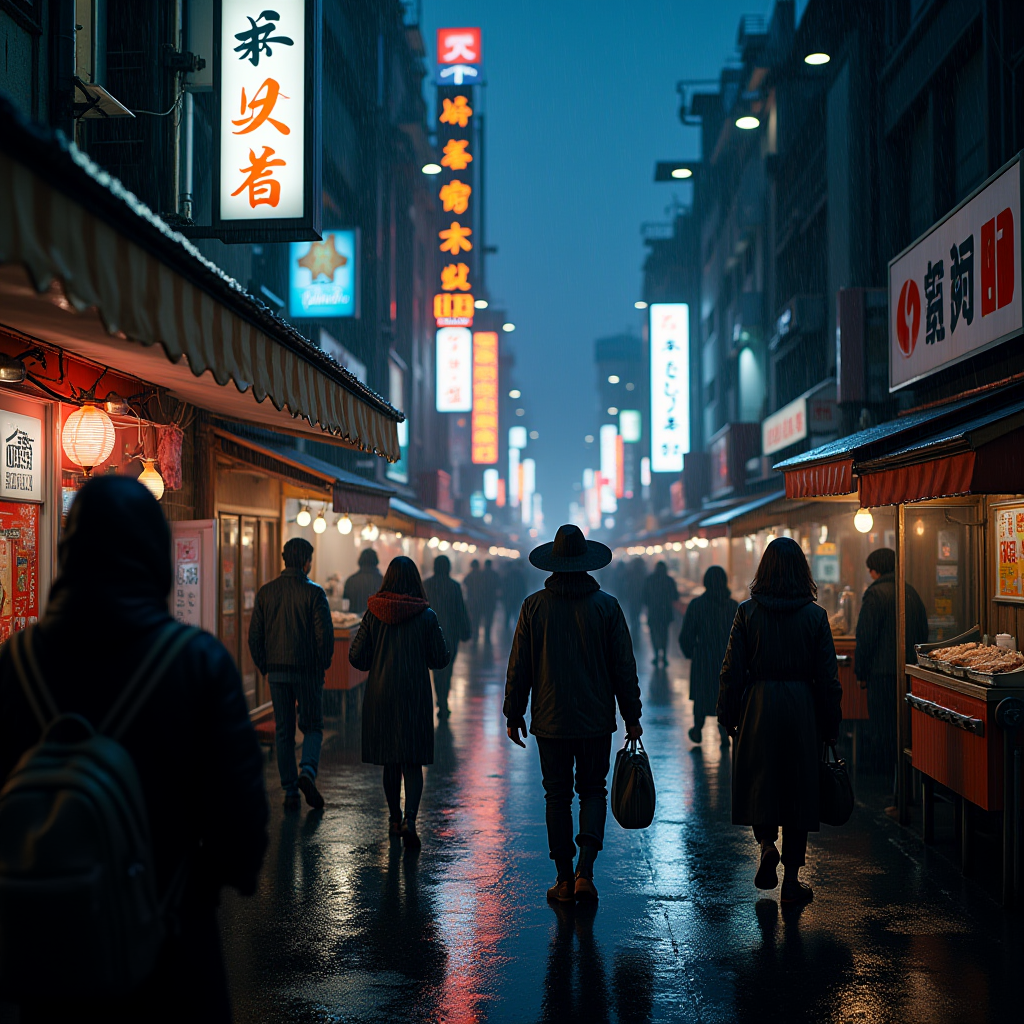 A bustling illuminated street at night with people walking under vibrant neon signs and reflections on rain-soaked pavement.