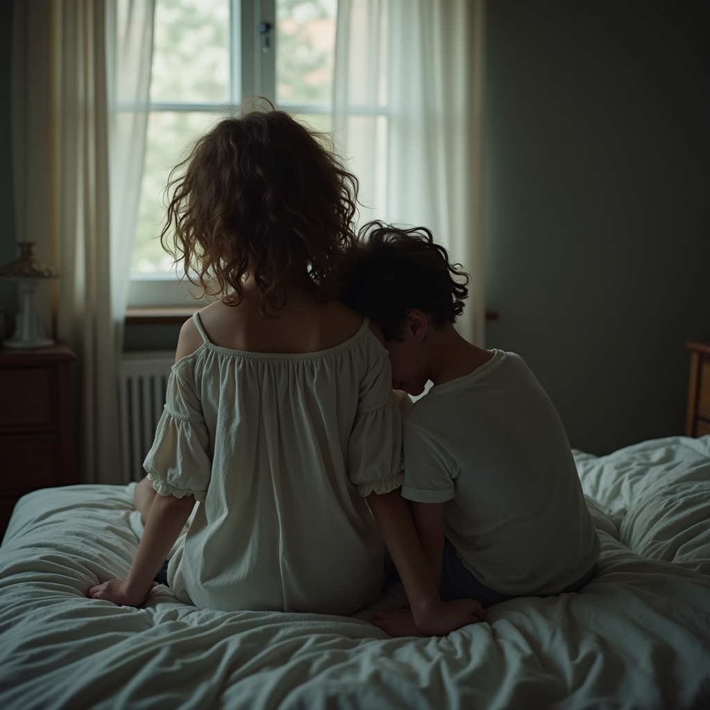 A serene moment of two children sitting on a bed, facing a softly lit window.