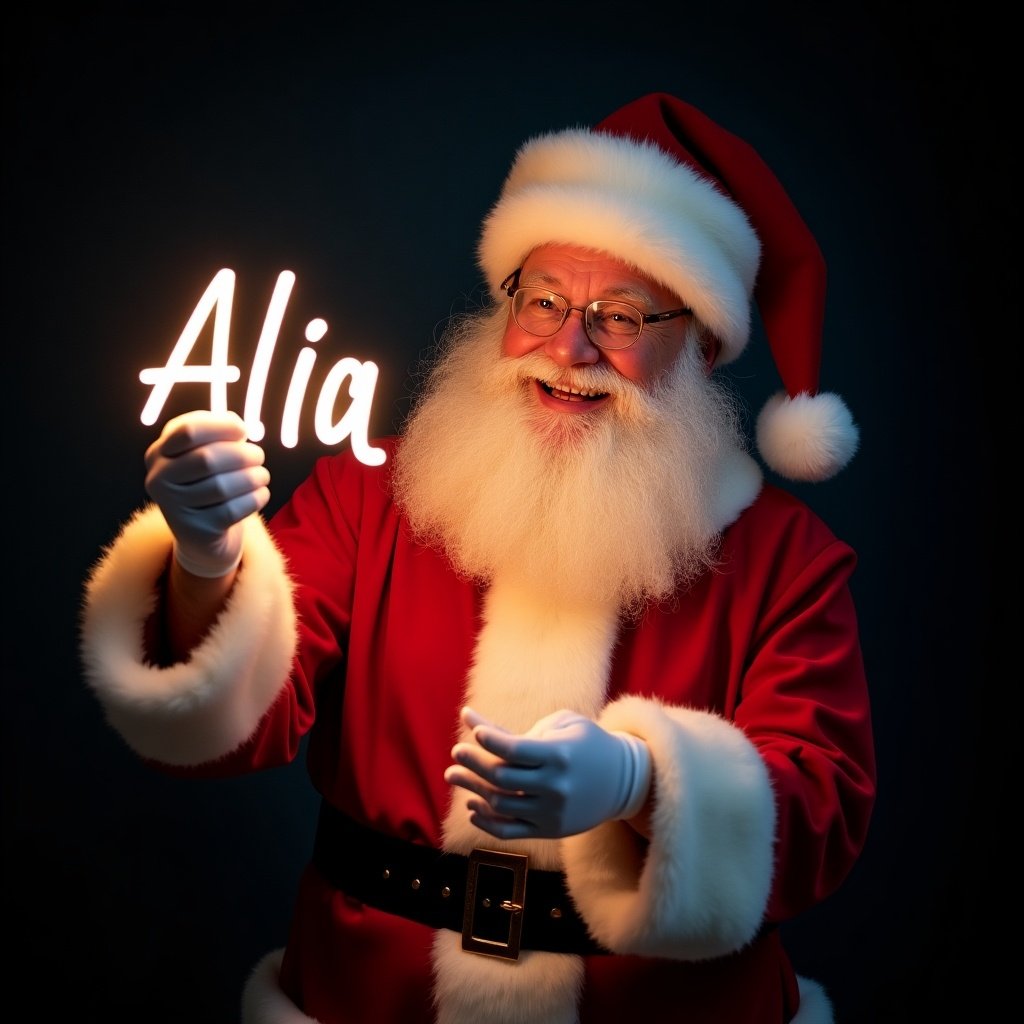 This image features Santa Claus in his traditional red and white attire. He is joyfully holding a glow stick that creates the name 'Alia' in bright, shimmering light. Santa's cheerful expression evokes warmth and festive spirit. The dark background emphasizes the glowing text, making it pop. This scene beautifully captures the magic of Christmas and spreads holiday joy.