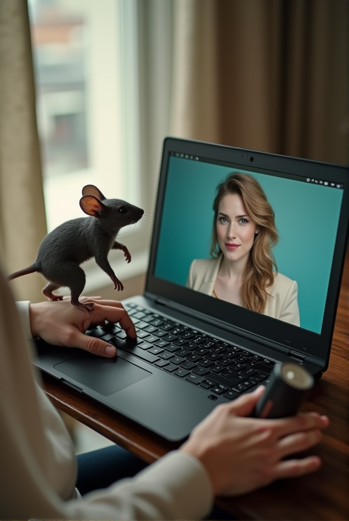 A mouse curiously sits on a laptop keyboard with a video call showing a woman on the screen.