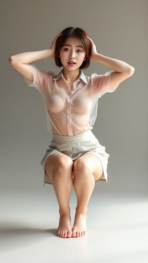 A young woman in a sheer top and skirt, sitting with hands on her head, neutral background, studio lighting.