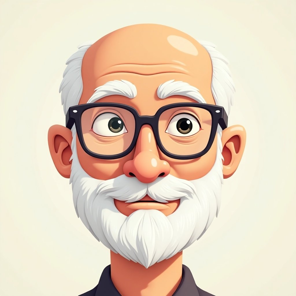 This image features the face of a cartoon-style man with distinctive features. He is bald and sports a short white beard that is well-groomed. His face is animated with a friendly expression, and he wears rimless rectangle glasses. The character's eyes are large and expressive, adding to the whimsical nature of the design. The background is simple and complements the character, emphasizing his features. This style appeals to a wide audience, especially in children’s media.