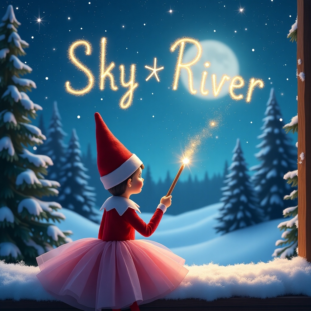 The image features an elf sitting with its back to the viewer, dressed in a pink poofy dress, as it looks out at a starry sky. The elf holds a magical wand, creating beautiful sparkling names, 'Skyy' and 'River', in the night sky. Surrounding the elf is a picturesque winter wonderland, with snow-covered ground and evergreen trees in the backdrop. The scene is illuminated by a soft glow of moonlight and stars, adding to the whimsical feel. This festive illustration captures the essence of Christmas magic and joy.