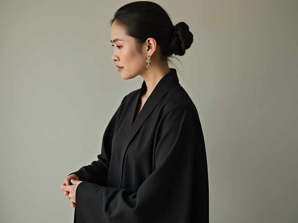 A woman is photographed in traditional black clothing, showcasing a modern yet timeless aesthetic. The image captures her in profile, highlighting her facial features and long, straight hair tied up in a ponytail. She wears statement earrings that add a touch of elegance. The background is neutral, allowing the subject to stand out. Soft lighting enhances the serene and sophisticated vibe of the portrait.