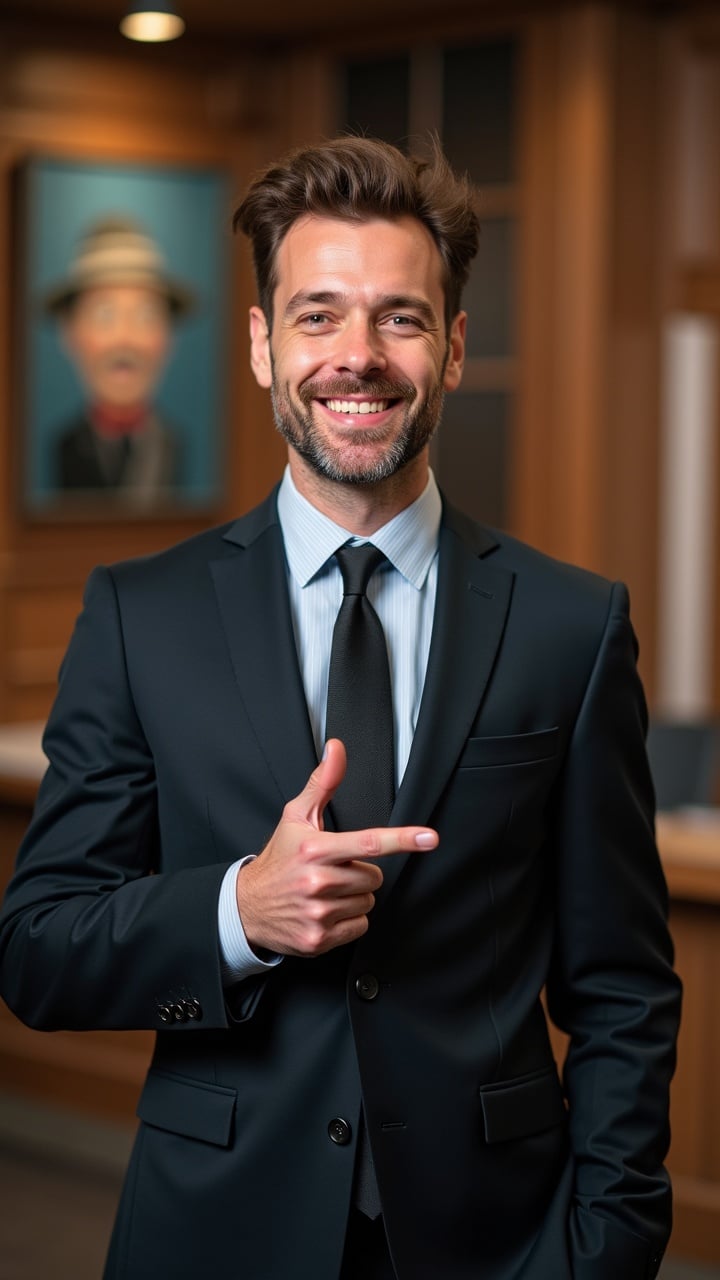 A confident businessman in a suit pointing and smiling in an office setting.