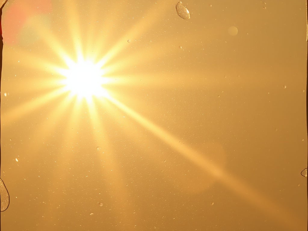 A mesmerizing photo featuring a bright sunburst radiating across a golden sky. The intensity of the sunlight is captured beautifully, with rays expanding outward, suggesting a hot summer day. The image is simple yet powerful, dominated by warm tones and evoking a sense of calmness and awe.