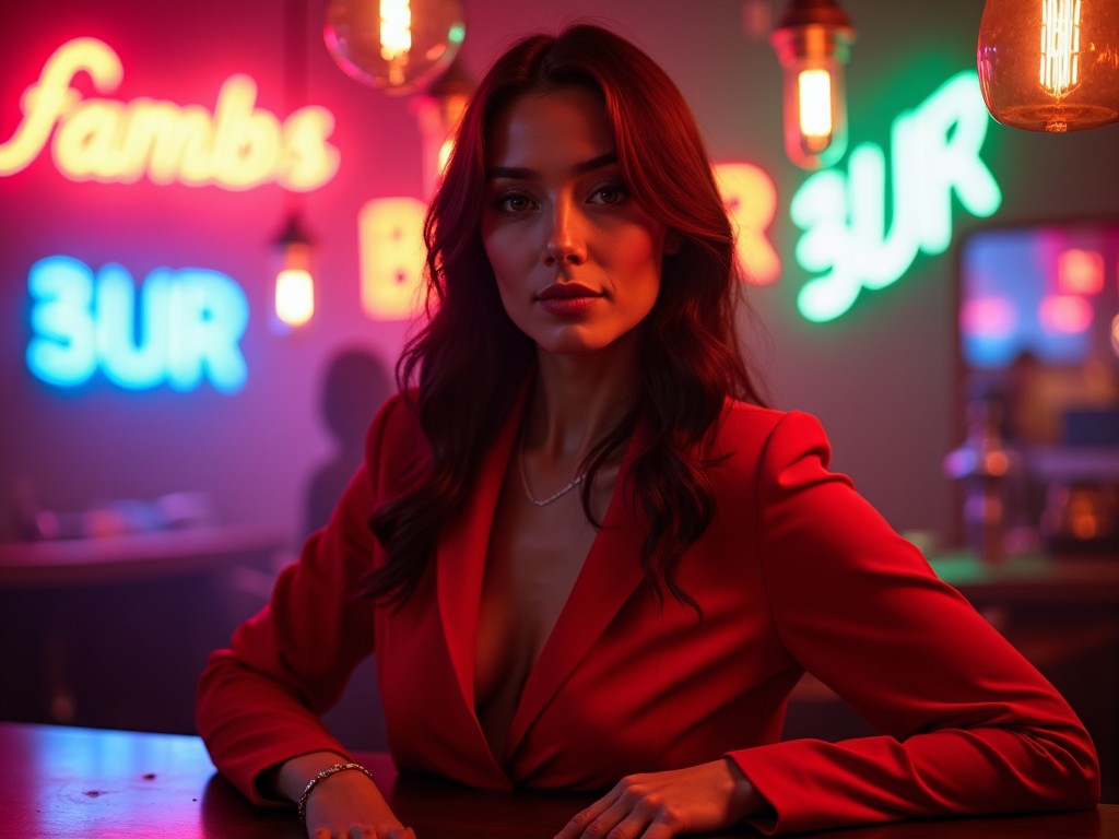 A woman in a striking red outfit is confidently posing in a trendy and colorful bar setting. The dimly lit atmosphere is enhanced by vibrant neon lights in the background. The scene captures the essence of nightlife, making it perfect for social events. Her expression exudes confidence and allure, showcasing the latest fashion trends. The mix of colors and stylish decor gives a modern feel to the setting, enticing patrons to enjoy a night out.