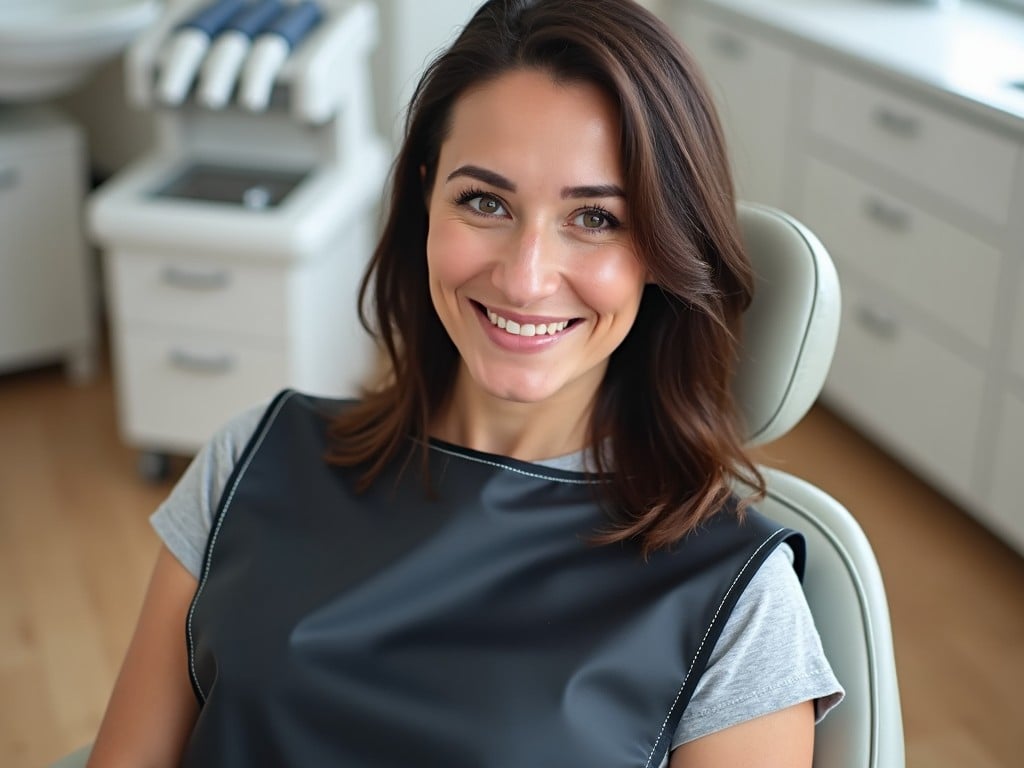 A woman is seated comfortably in a dental chair, smiling subtly. She is wearing a dark-colored dental bib with white piping around the edges. Her hair is shoulder-length and neatly styled. The dental office has a clean and modern design, with light-colored wooden flooring. The atmosphere seems relaxed and professional, suggesting she is waiting for a dental procedure or consultation.