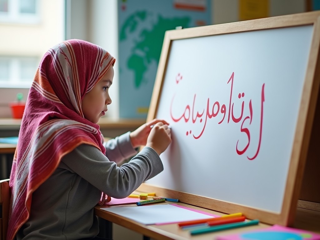 A young girl with a hijab is diligently writing on a large, white board. She is using bright colored markers and is focused on her task. The background shows elements of a classroom with educational resources. The scene has a warm, inviting atmosphere that encourages learning. The girl's expression reflects concentration and joy in her activity. This image promotes the importance of education in diverse cultures.