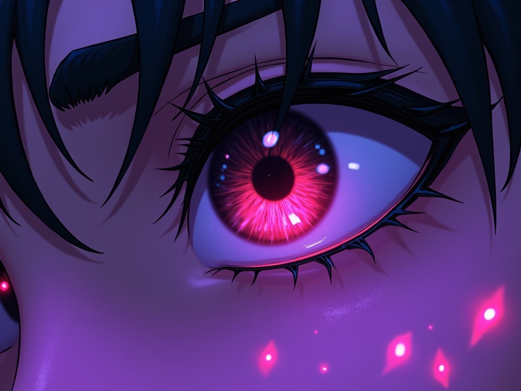 This image features a close-up of a person's eye, set against a purple background. The design draws inspiration from anime and the cyberpunk genre, reminiscent of works like Ghost in the Shell. There are ghostly figures subtly integrated into the background, adding a haunting, yet fascinating element. The eye itself is vibrant, with intricate details that evoke a sense of thrill and fear. This artwork encapsulates lost emotions and the interplay between darkness and light, making it suitable for use as a logo or header in creative projects.