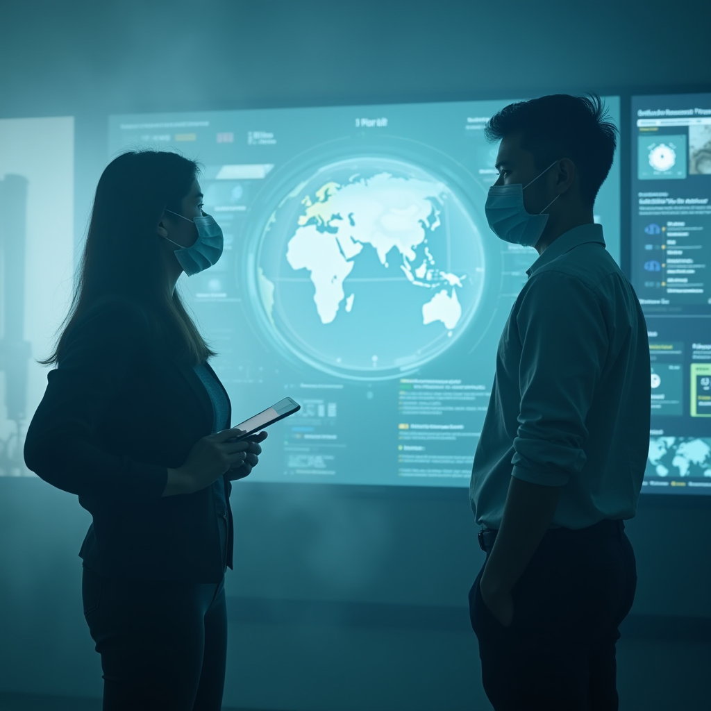 The image depicts two individuals, both wearing masks, engaged in conversation in front of a large digital screen displaying a global map with various data panels. One person holds a tablet, suggesting a contemporary and technologically advanced setting, possibly a command center or an analysis room. The blue color scheme and the presence of digital interfaces give the scene a futuristic and professional atmosphere. The focus on the map and data suggests themes of global connectivity, technological advancement, and data analysis.