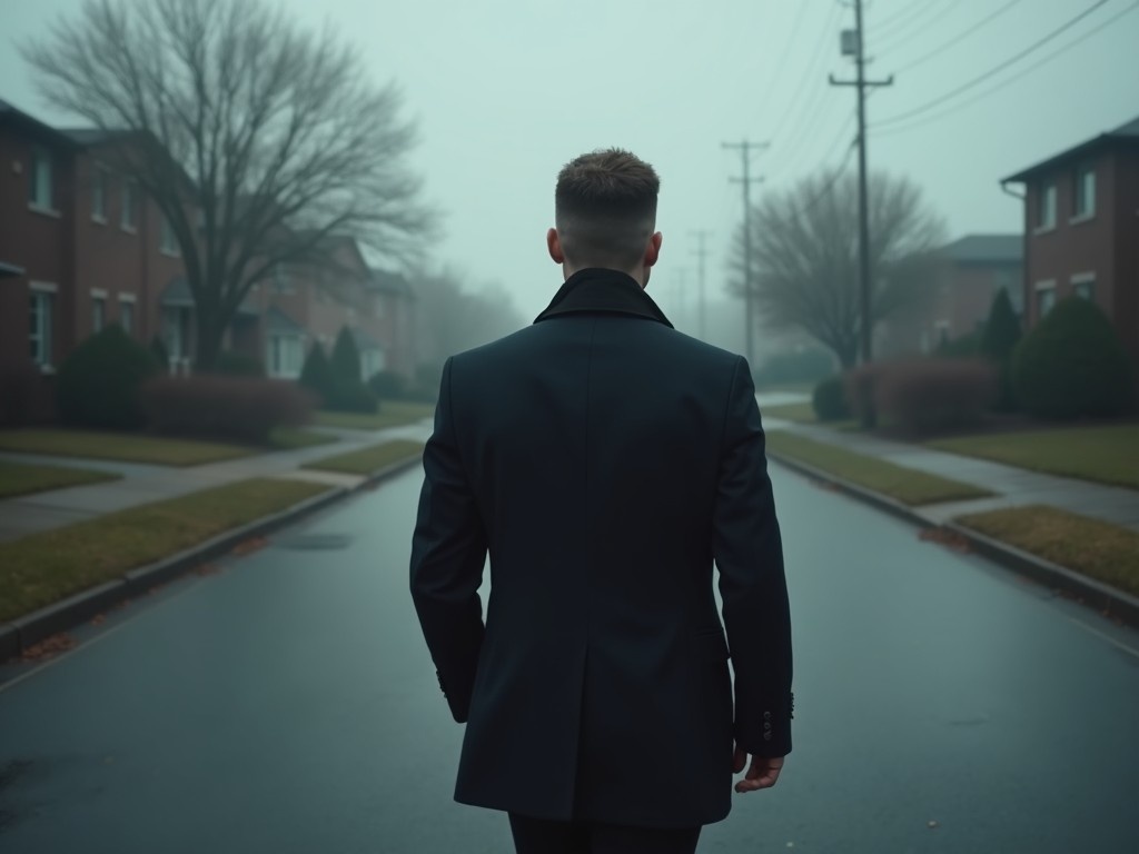 A stylish man walks in a suburban street, captured from the rear view. He is dressed in an elegant suit, exuding confidence. The street is eerily quiet and lined with houses. The mood is set by a hazy, misty atmosphere. The lighting is soft and diffused, enhancing the weather's moody feel. This scene conveys a sense of solitude and introspection. The overall composition invites contemplation about life's journey.