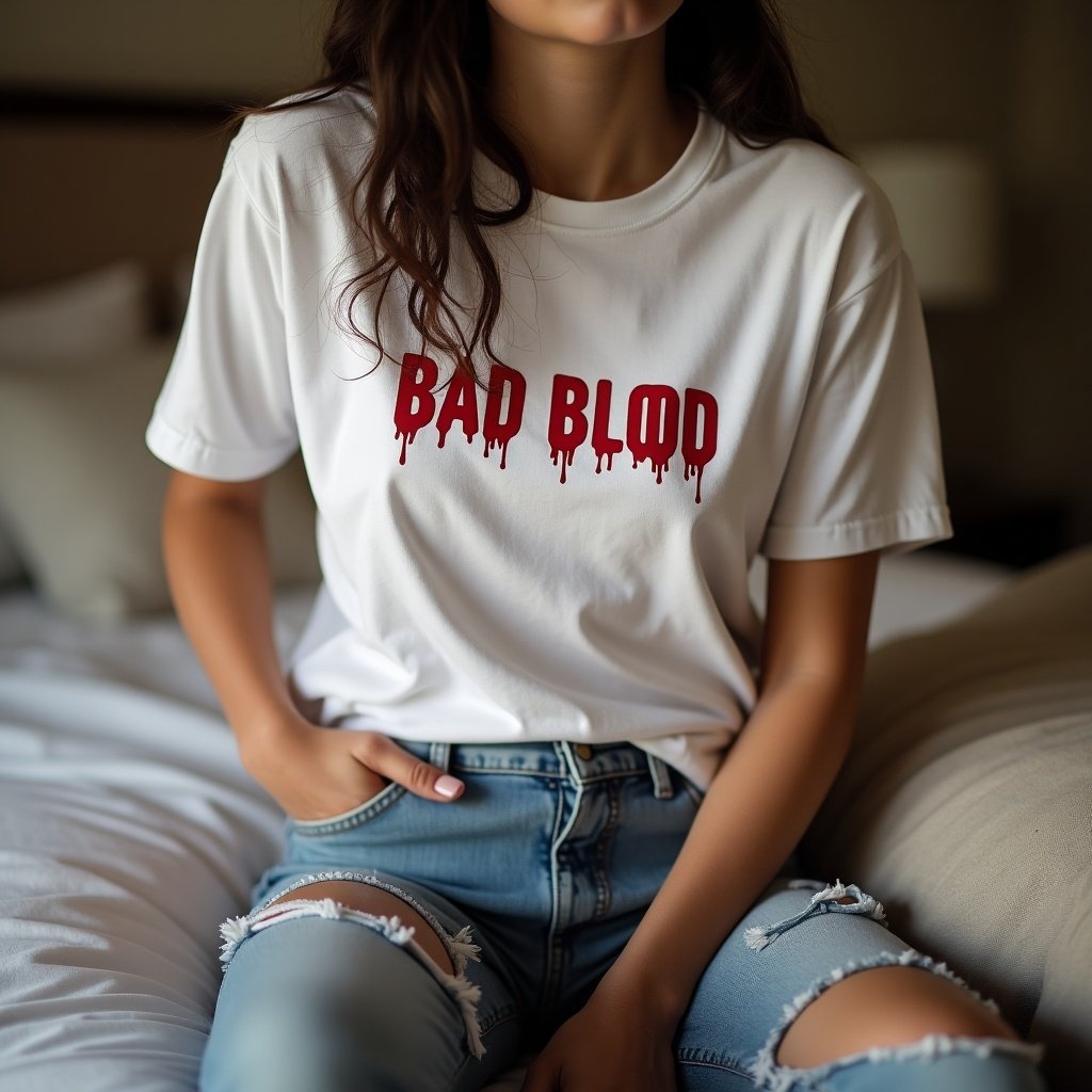 A person is seated on a bed, embodying a casual and relaxed atmosphere. They wear a white T-shirt with bold red text that reads 'BAD BLOOD'. The look is comfortable, paired with denim jeans featuring a distressed style. The setting has soft, natural lighting, enhancing the easygoing vibe. This scene captures modern youth fashion, ideal for lifestyle photography.