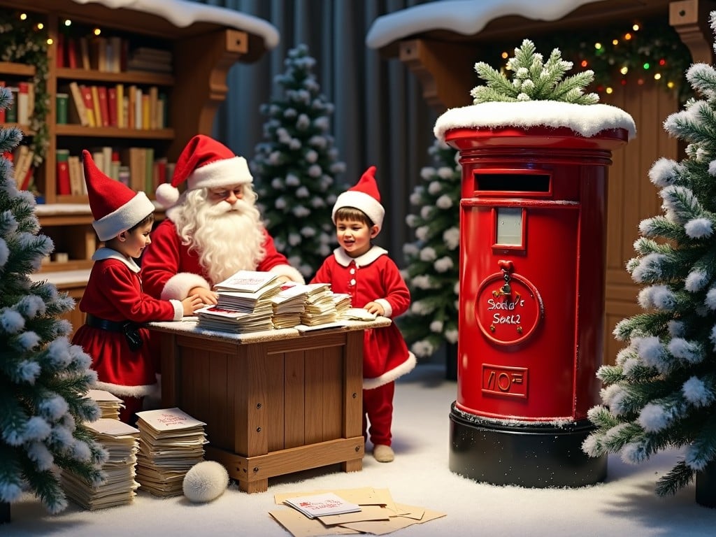 The scene depicts a joyful Christmas setting with Santa Claus at a wooden table. He is surrounded by two children in red outfits, examining letters and gifts. A bright red mail box is nearby, decorated for the holidays. Snowy surroundings and a cozy warmth give a festive atmosphere. The room is filled with books and holiday decorations, creating a magical vibe.