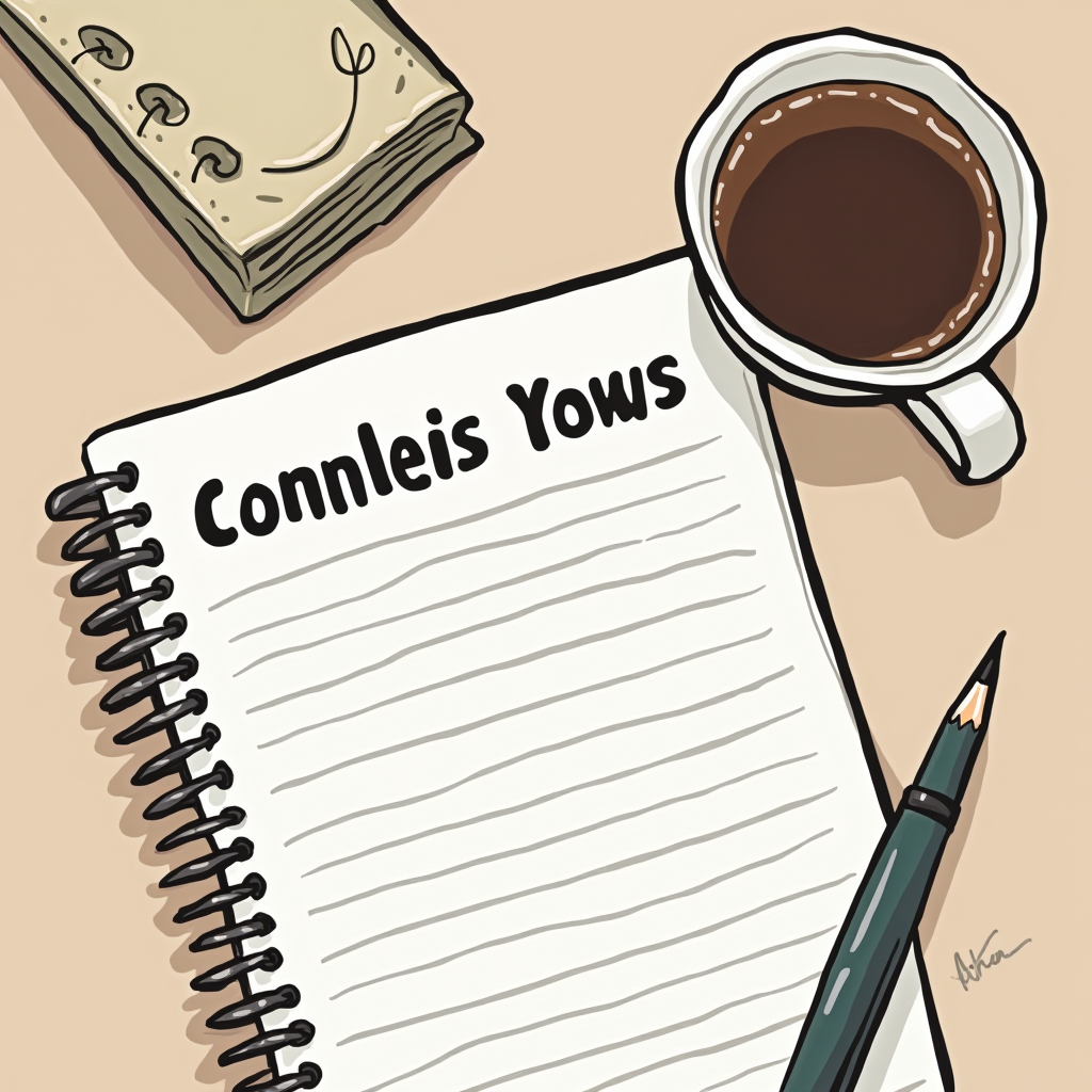 An illustration of a notebook and cup of coffee on a table, styled in a cartoonish manner.