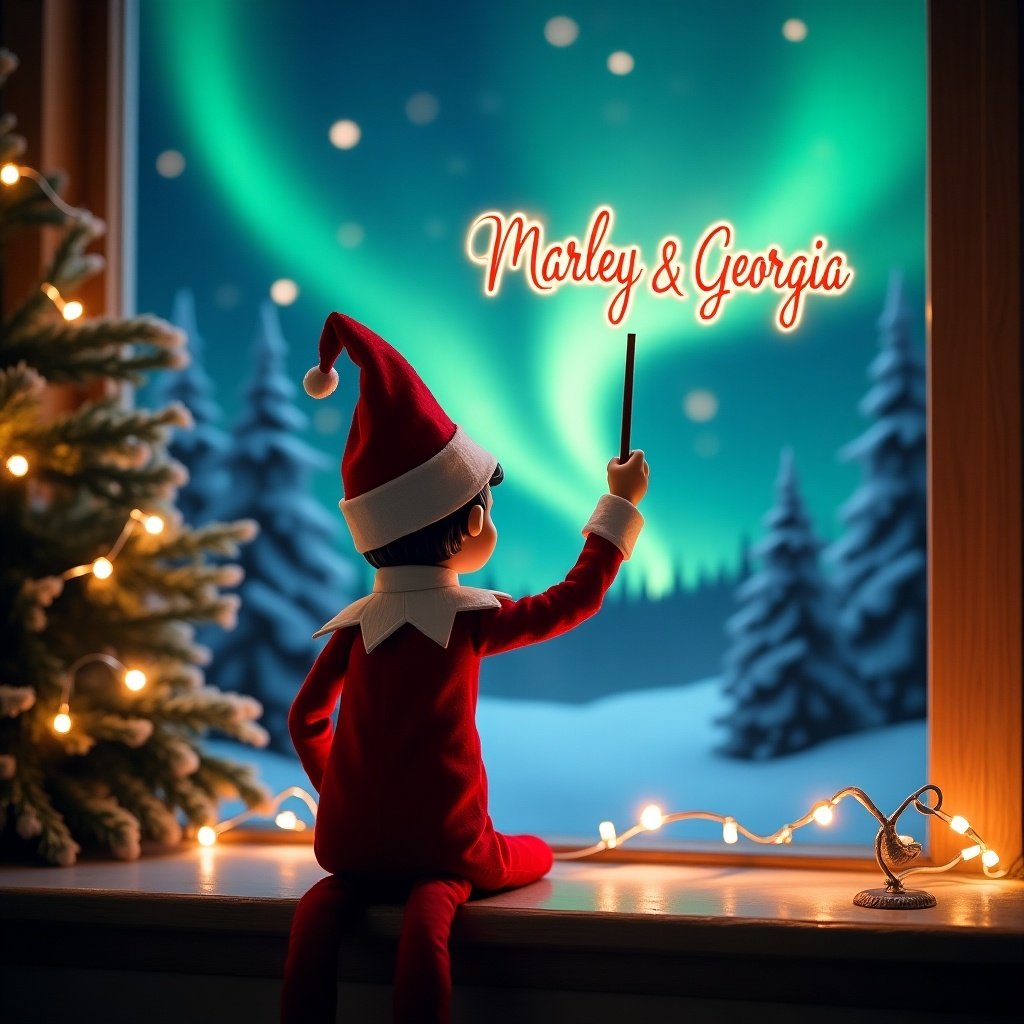 An enchanting Christmas scene featuring an elf on the shelf, who is facing the sky with his back to the viewer. The elf, dressed in red and white, wields a magic wand, writing 'Marley & Georgia' in a glowing script above him. The backdrop is adorned with vibrant northern lights, adding a magical ambiance. The scene is festive, portraying the spirit of Christmas with a whimsical twist. The elf's position and action create a sense of wonder and excitement that captures the joy of the holiday season.