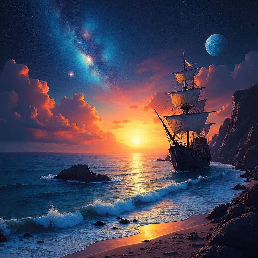 This artwork depicts a stunning imaginary landscape set in outer space. A sea bay cradles a moored old pirate ghost ship, bathed in a dramatic sunset. The horizon transitions from deep blues to vibrant oranges. Surrounding this peaceful bay, nebulas and planets float majestically in a dark starry sky. The overall vibe of the piece combines elements of psychedelic art with themes of futuristic space exploration and spiritual energy.