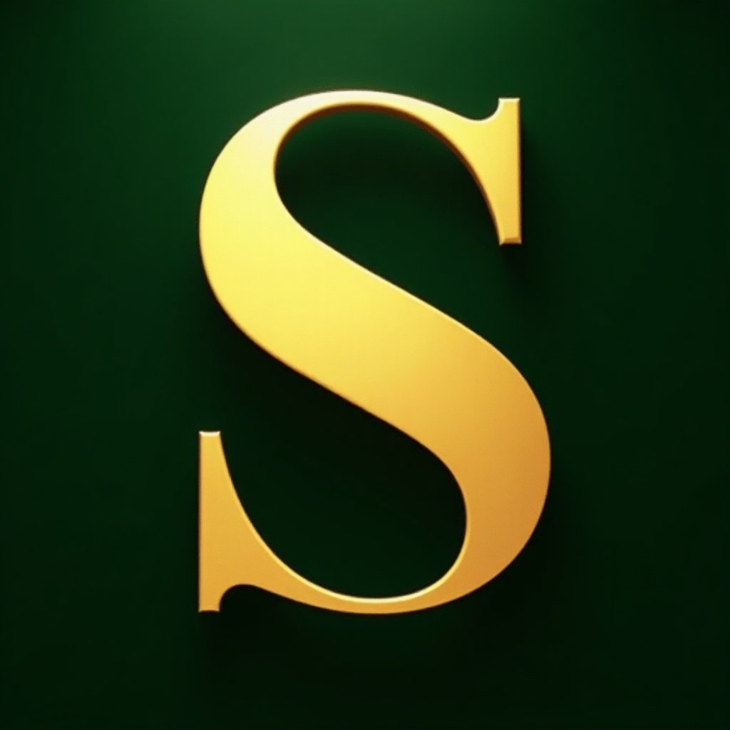 This image features a prominent gold letter 'S' on a rich dark green backdrop. The letter is large and stylized, which adds an elegant touch to the overall composition. The gold color creates a striking contrast against the green background, making it eye-catching and sophisticated. The lighting is soft, allowing the letter to shimmer and stand out effectively. This combination of colors and design makes it great for use in branding or logo applications.