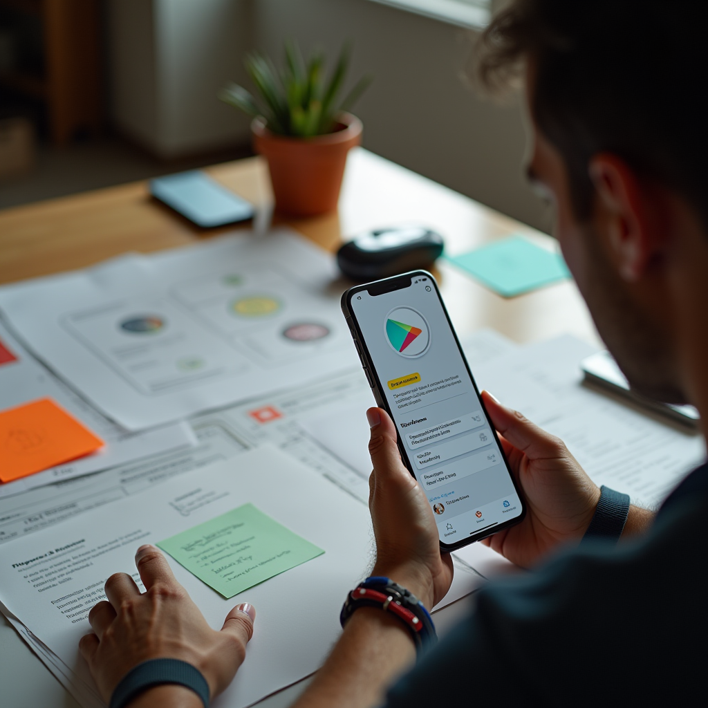 A person holds a smartphone showing a productivity app, surrounded by papers and notes on a desk with a potted plant nearby.