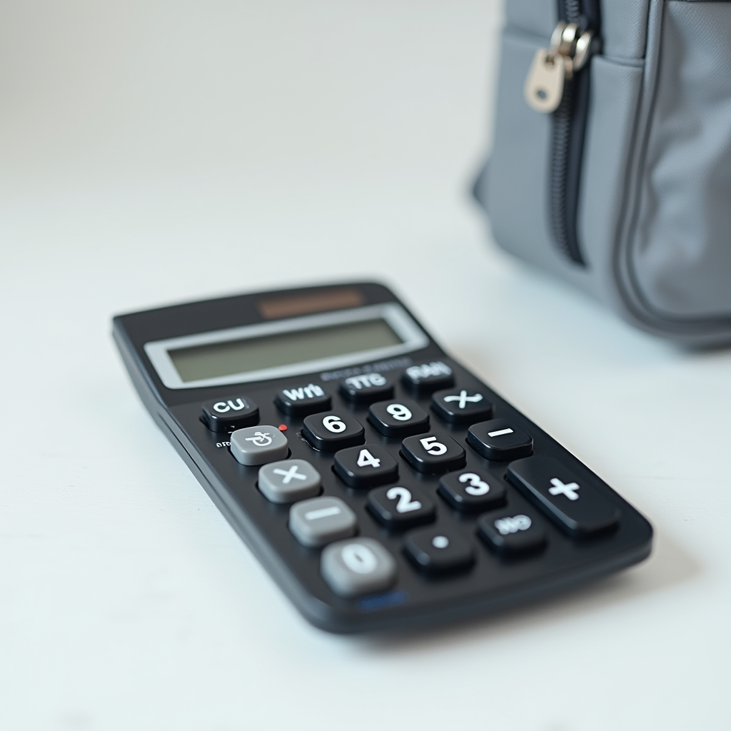 The image features a black calculator placed on a smooth, white surface. The calculator has multiple buttons with numbers and mathematical symbols, such as addition and subtraction. Its LED display screen is visible but not actively displaying any numbers. To the right, there is a portion of a gray fabric bag with a visible zipper. The focus is primarily on the calculator, with the bag adding an element of context in the background.