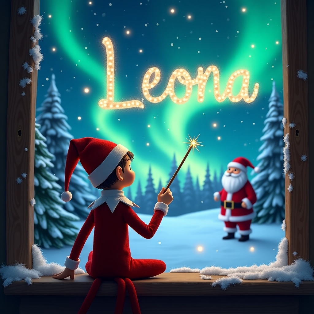 In this enchanting Christmas scene, an elf on the shelf sits with its back to the viewer. The elf is focused on the night sky, using a wand to write 'Leona' in sparkling lights. The background is filled with beautiful northern lights, enhancing the magical atmosphere. In the distance, Santa Claus stands, observing the charm of the scene. Snow-covered trees frame the image, adding to the winter wonderland feel. This joyful moment captures the essence of holiday magic and childlike wonder.