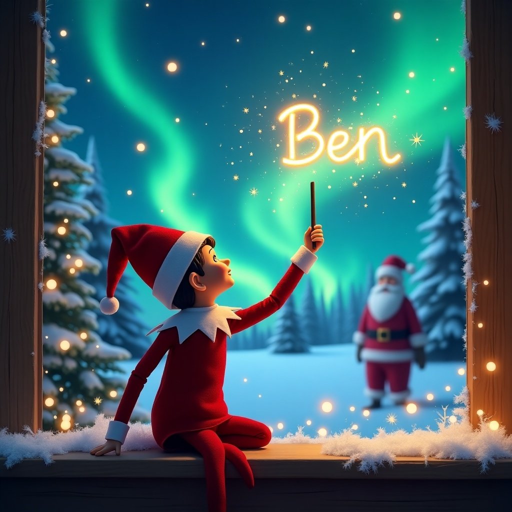 An enchanting scene featuring an elf on the shelf, positioned with its back facing us. The elf is looking upwards, using a wand to write the name 'Ben' in glowing letters across the sky. The backdrop showcases a wonderful Christmas setting, complete with shimmering northern lights and a snowy landscape. Santa Claus can be seen in the distance, adding to the festive atmosphere. This magical moment captures the essence of holiday spirit and childhood wonder.