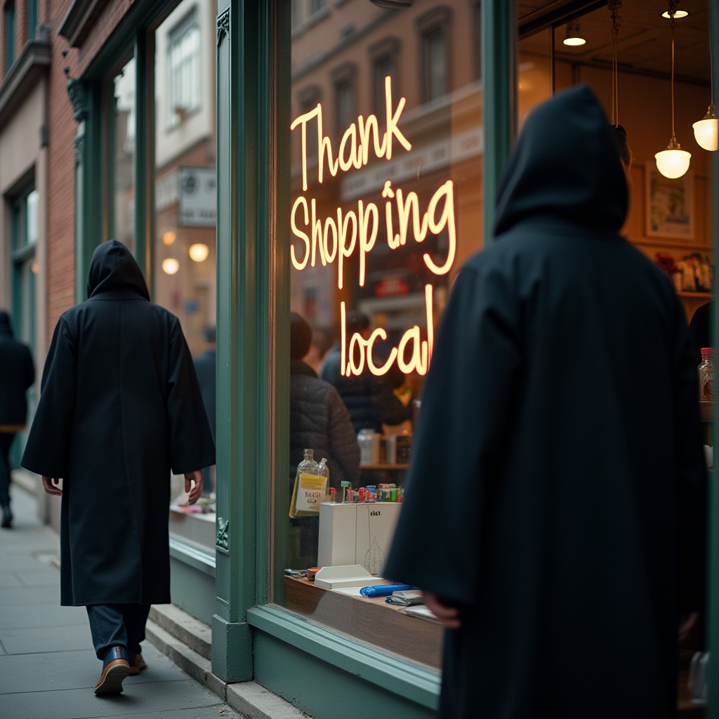 Two people in black coats walk past a store with a sign saying 'Thank you for shopping local.'