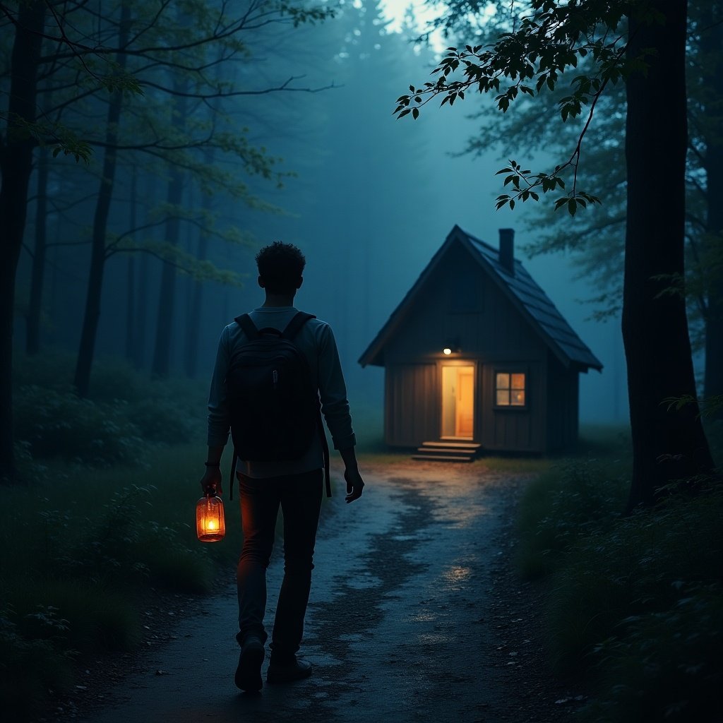 A young man walks down a pathway in a dense forest at night, heading towards a spooky hut that is illuminated by warm, inviting light. He carries a backpack, a candle, and some food, suggesting he may be preparing to stay for a while. The atmosphere is eerie, with shadows and mist surrounding the tall trees. The soft glow from the hut contrasts with the dark shadows of the forest. This scene captures the essence of adventure and a hint of fear in the tranquility of nature.