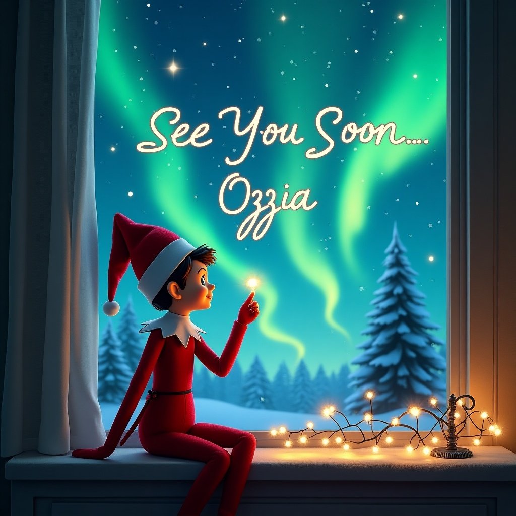 The image features a whimsical elf sitting by a window, gazing out at the northern lights. The elf, dressed in a red outfit with a pointed hat, is gently pointing at something in the sky. The scene is cozy, with a string of fairy lights wrapped around the window. The words 'See You Soon... Ozzy' are written in cheerful script above the scene. Outside the window, a winter wonderland unfolds with snow-covered trees under a starry sky illuminated by vibrant auroras. It captures the magic of the holiday season and the imagination of children.