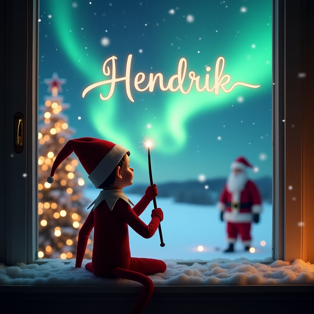 An enchanting Christmas scene features an elf on the shelf with his back to the viewer. He gazes up at a magical sky, using a wand to elegantly write the name 'Hendrik' in the air. The background is illuminated by stunning northern lights and a beautifully decorated Christmas tree. Santa Claus appears in the distance, adding to the whimsical holiday feel. Snow gently covers the window ledge, enhancing the cozy atmosphere of this delightful scene.